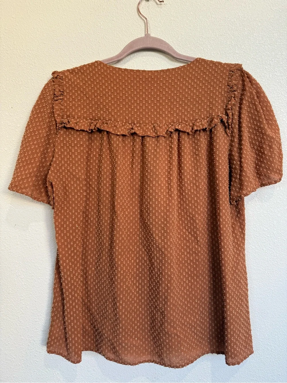 Johnny Was Brown Swiss Dot Boho Peasant Blouse L Ruffle V-Neck Top - Picture 7 of 8